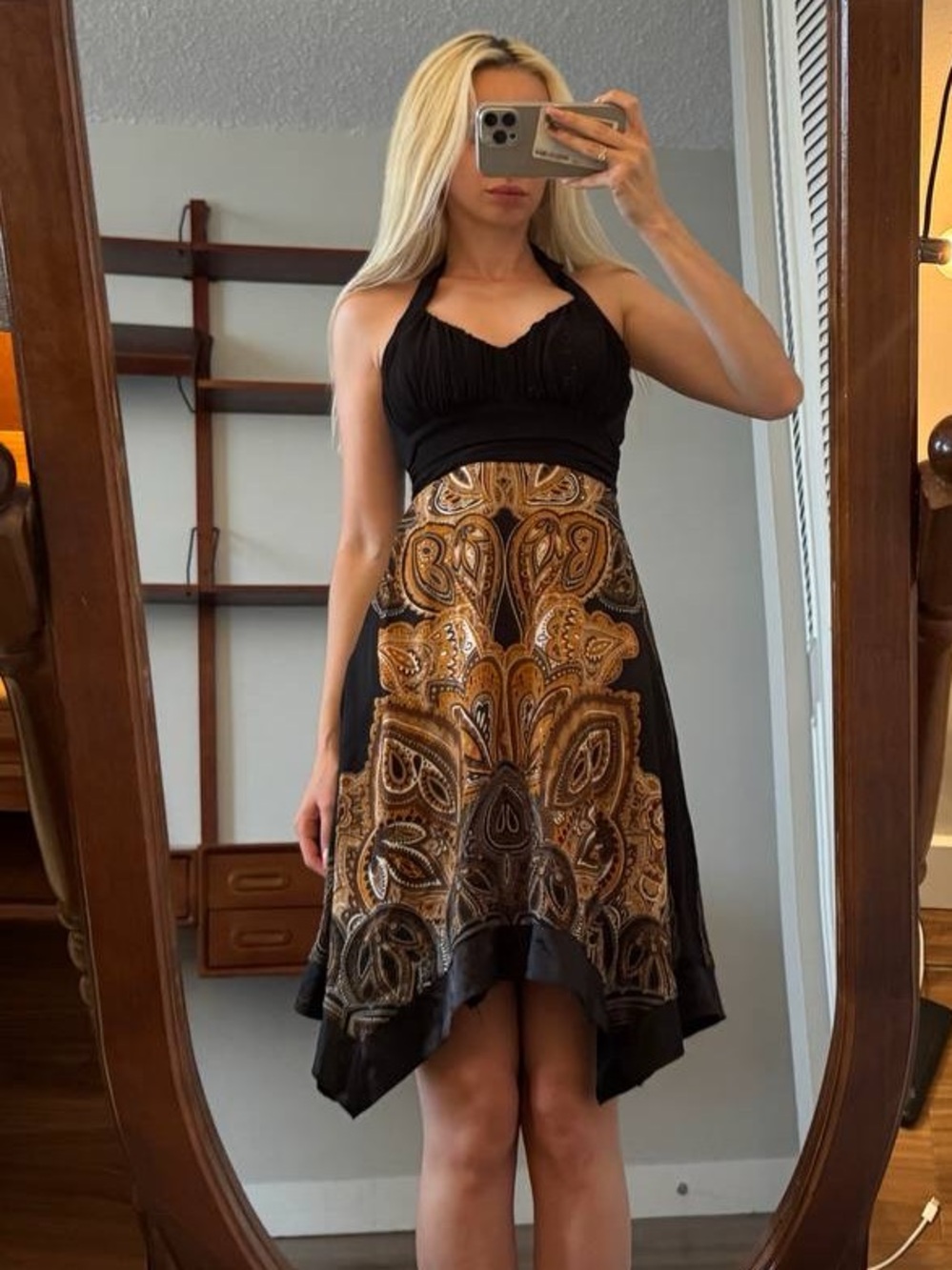 le chateau Black and Gold Paisley Halter Asymmetrical Dress